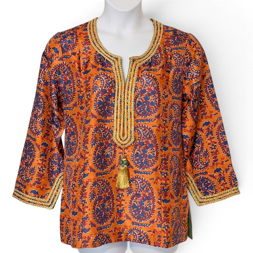 Soft Surroundings Moroccan Tunic Top Size M Orange Paisley Gold Tassel Boho NWOT